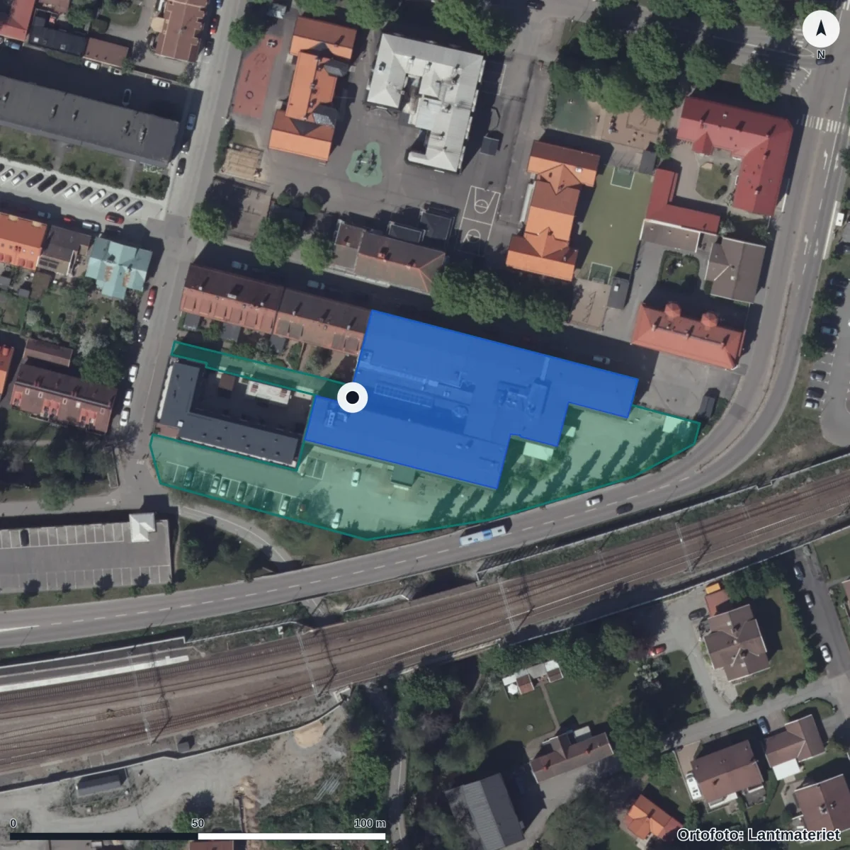 Flygbild över Campus Alingsås, ortofoto från Lantmäteriet