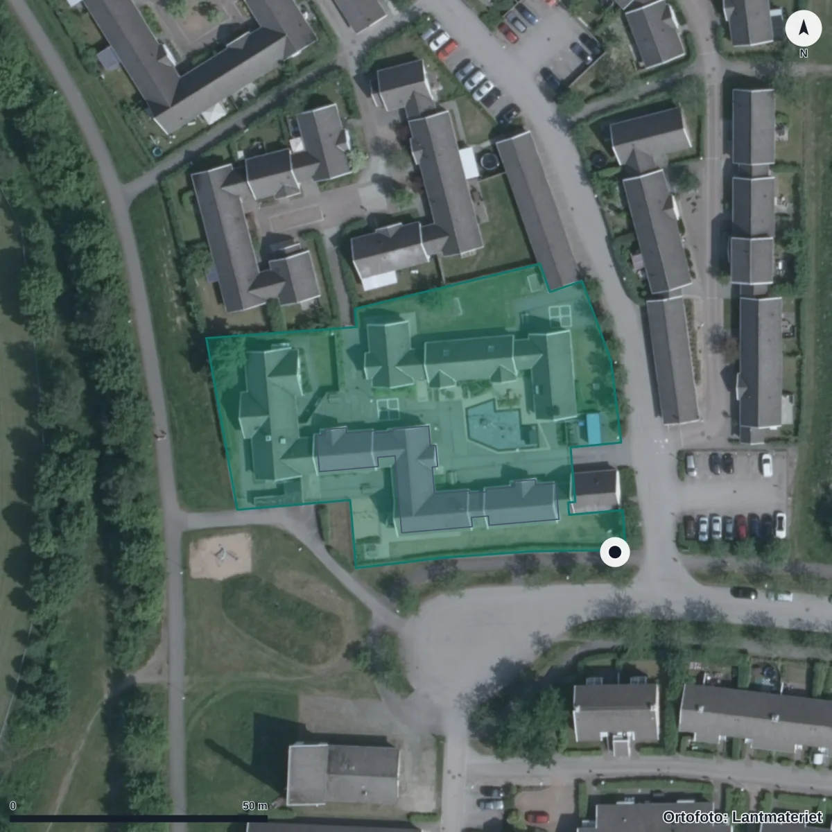 Aerial view of Glänningeskolan, orthophoto from Lantmäteriet