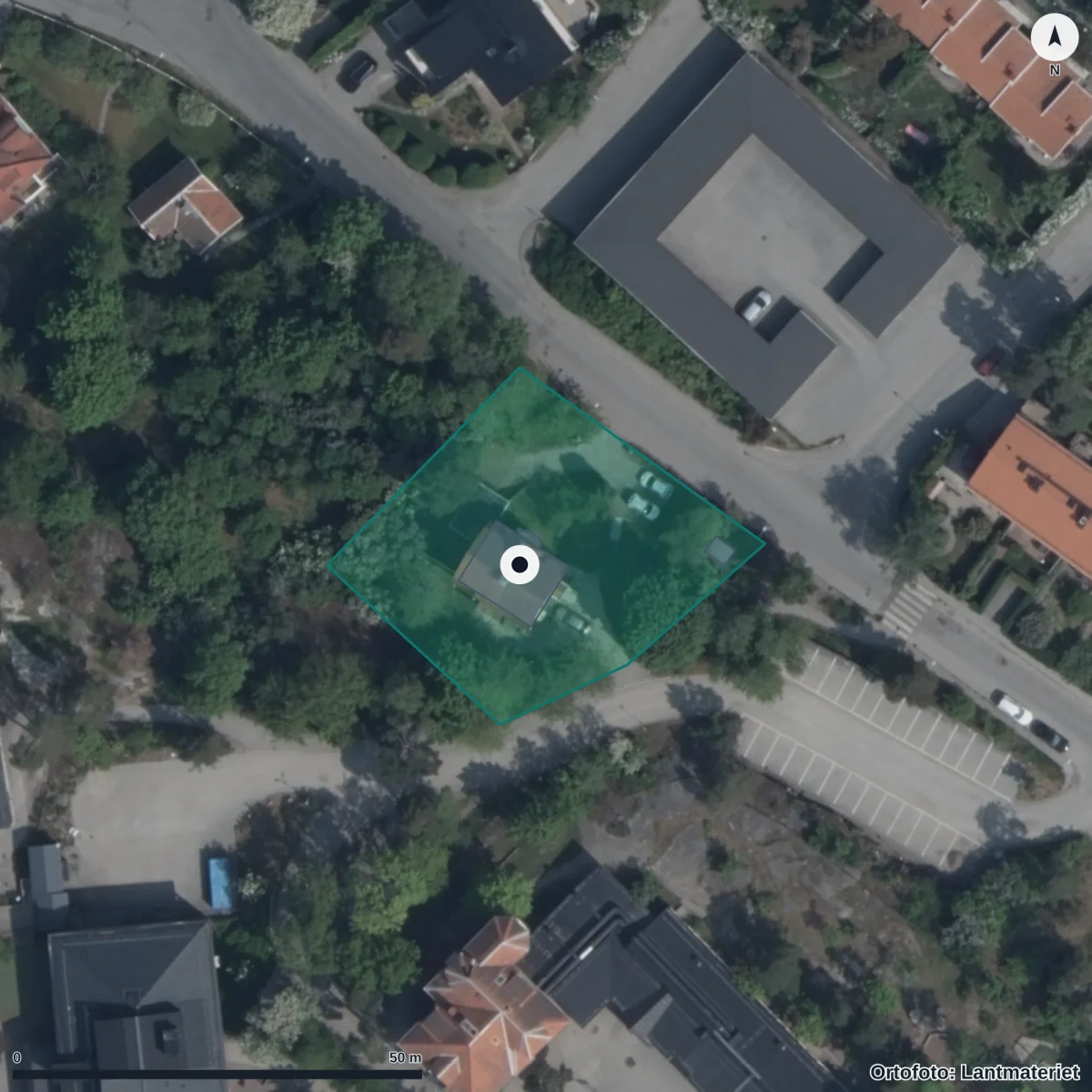 Flygbild över Lidingö vuxenutbildning, ortofoto från Lantmäteriet