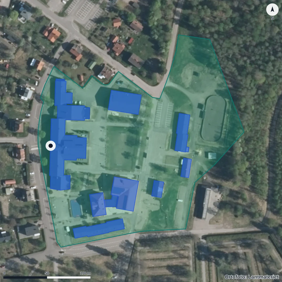 Flygbild över Frykenskolan, ortofoto från Lantmäteriet