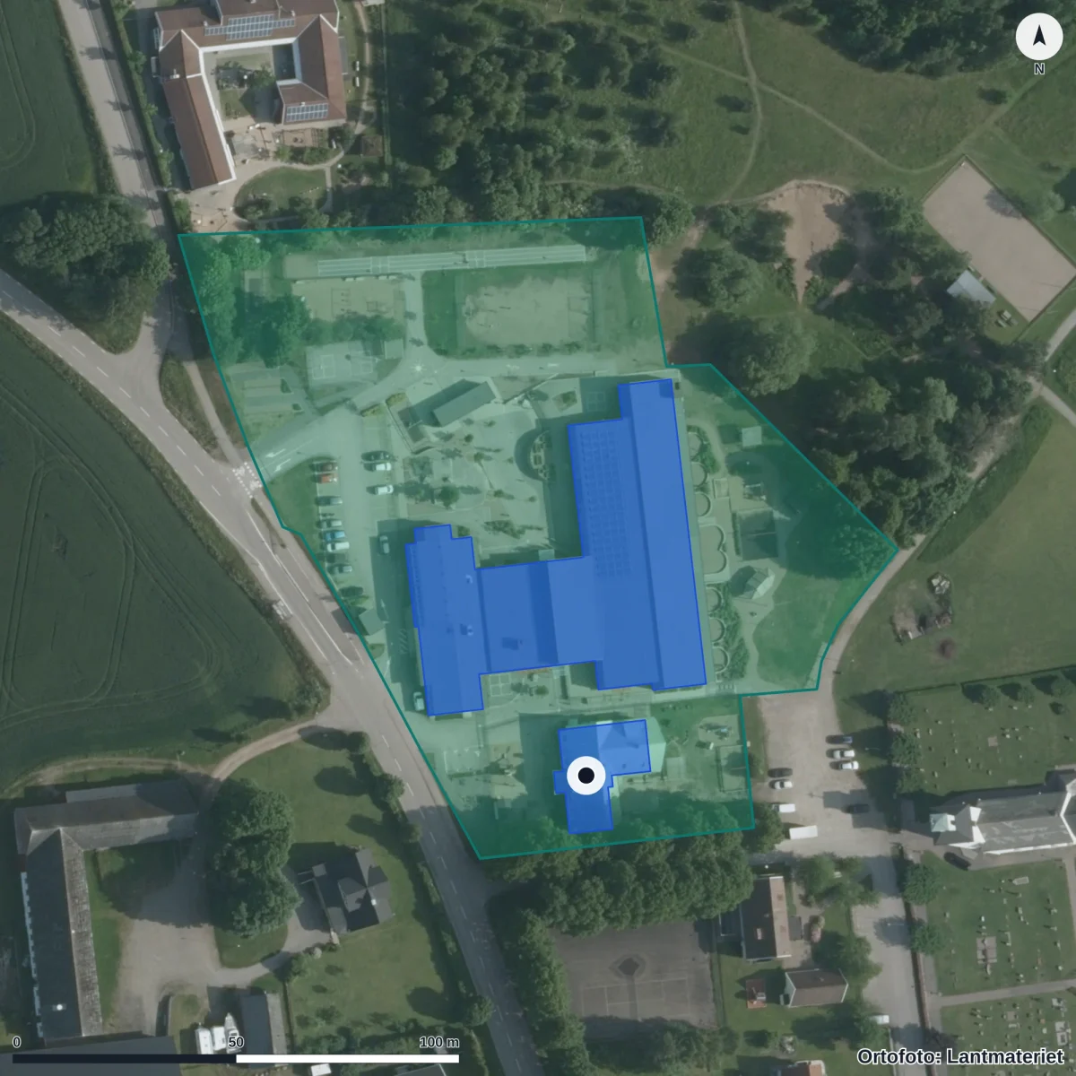 Flygbild över Kvibilleskolan, ortofoto från Lantmäteriet