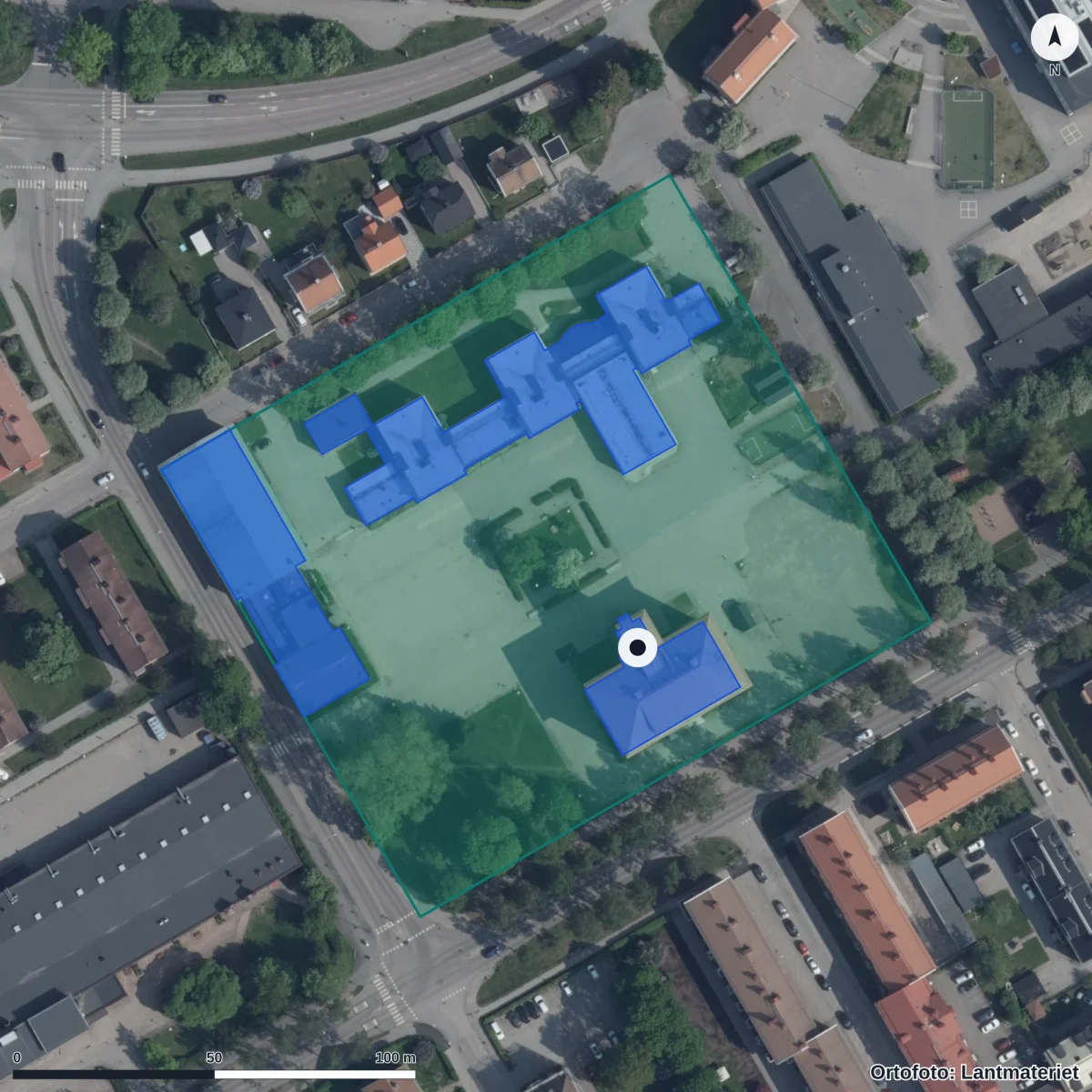 Flygbild över Borgarskolan, ortofoto från Lantmäteriet