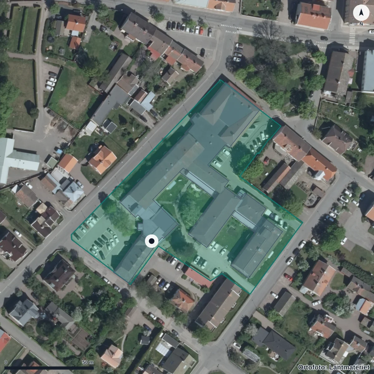 Flygbild över Kommunal vuxenutbildning, ortofoto från Lantmäteriet