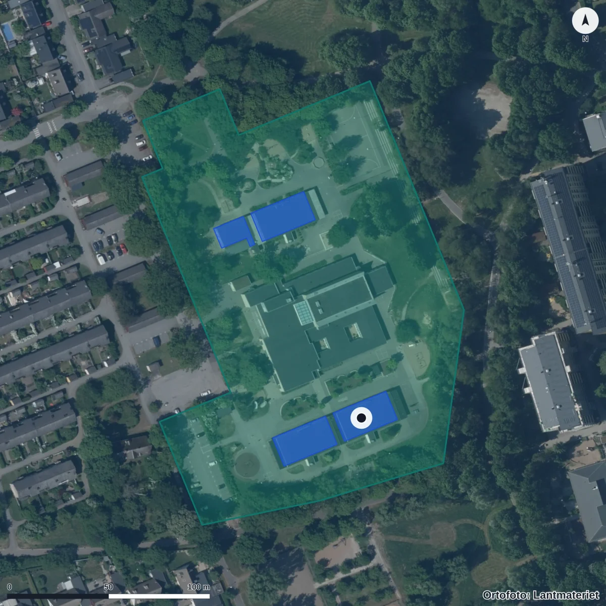 Flygbild över Hubertusgården, ortofoto från Lantmäteriet