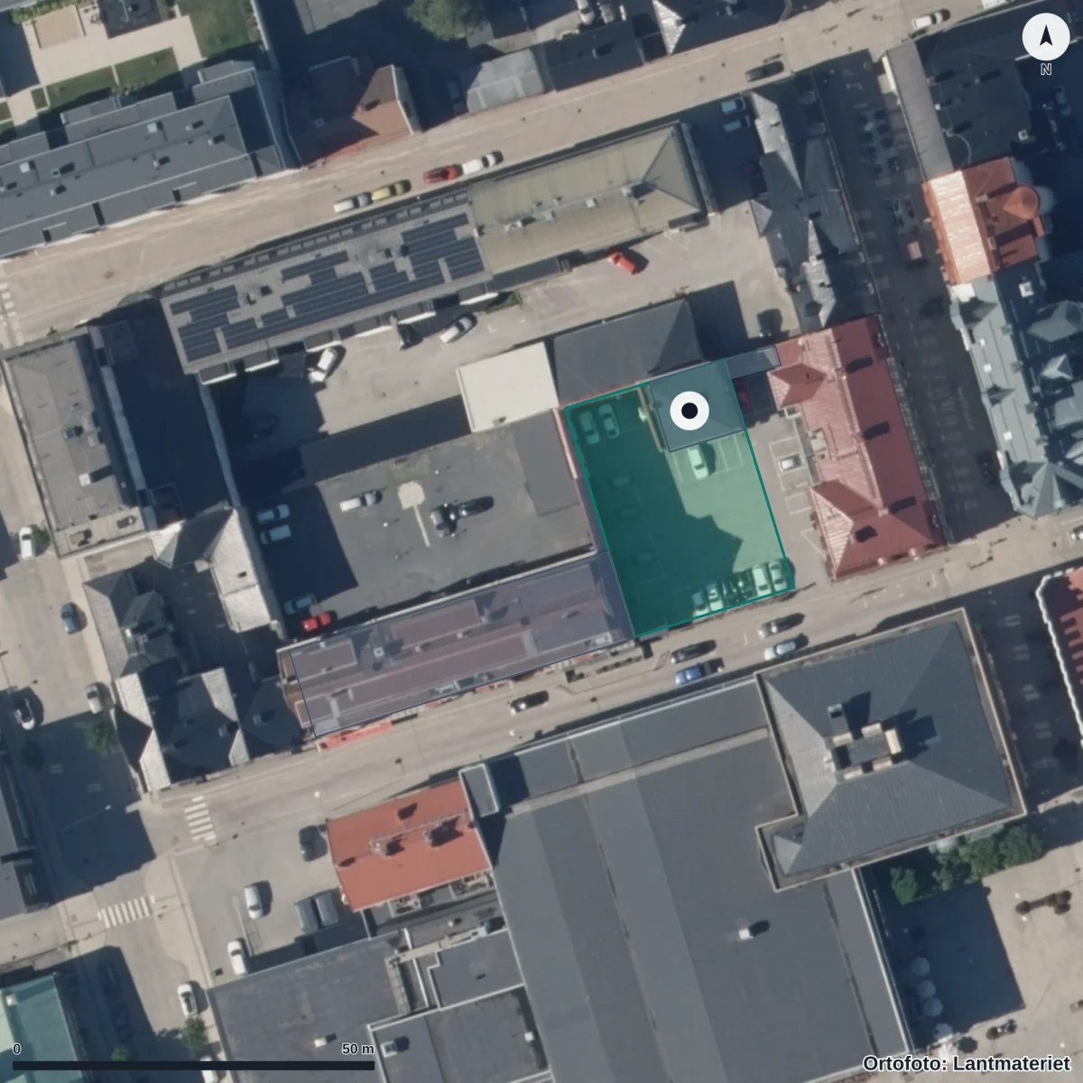 Flygbild över Vuxenutbildningen, ortofoto från Lantmäteriet