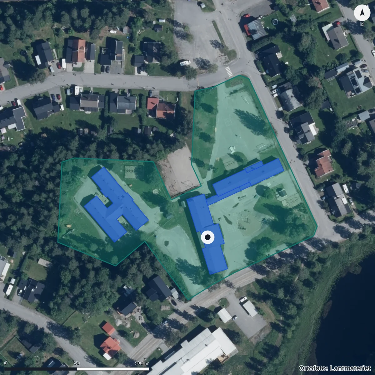Flygbild över Södermalmsskolan, ortofoto från Lantmäteriet
