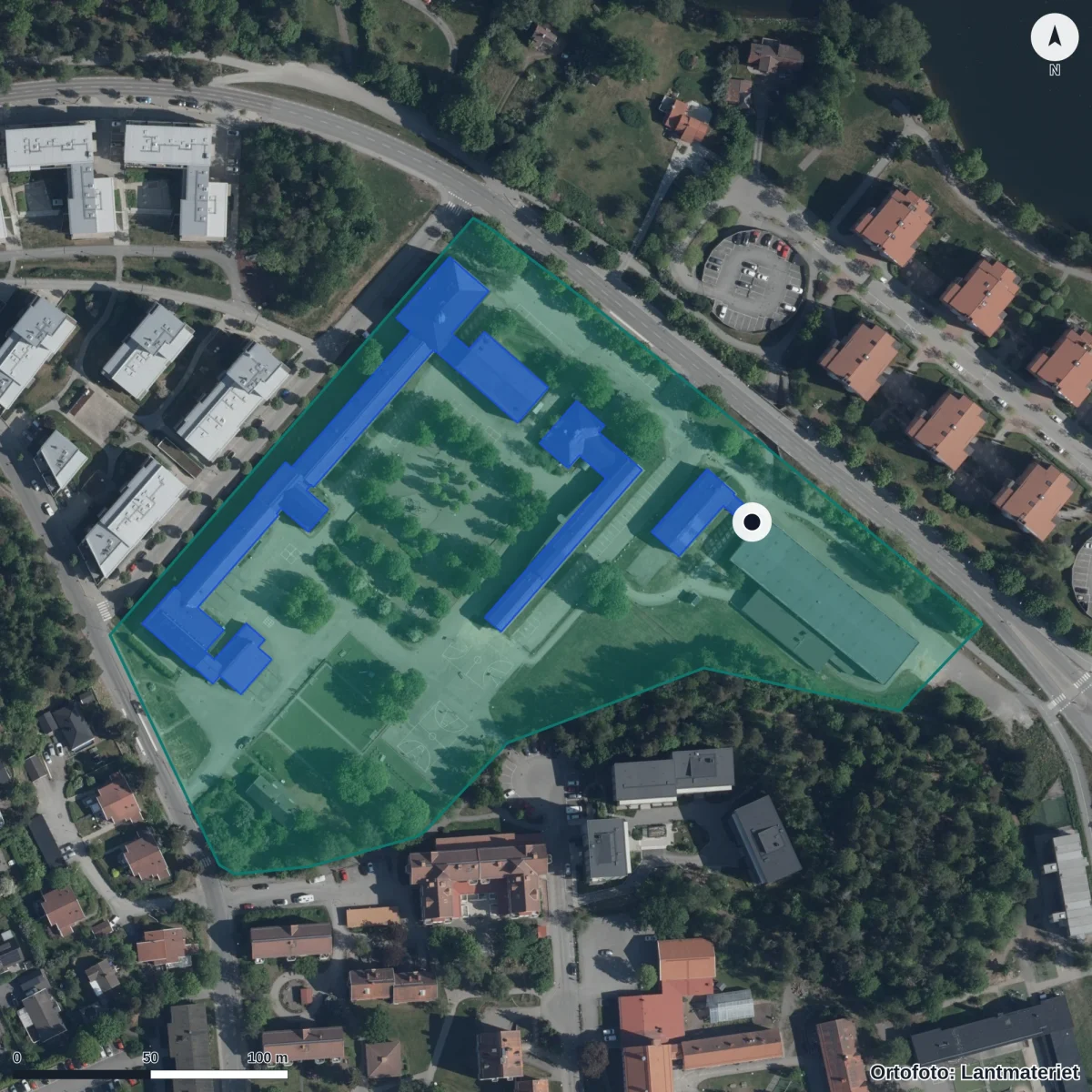 Flygbild över Sollentuna musikklasser, ortofoto från Lantmäteriet