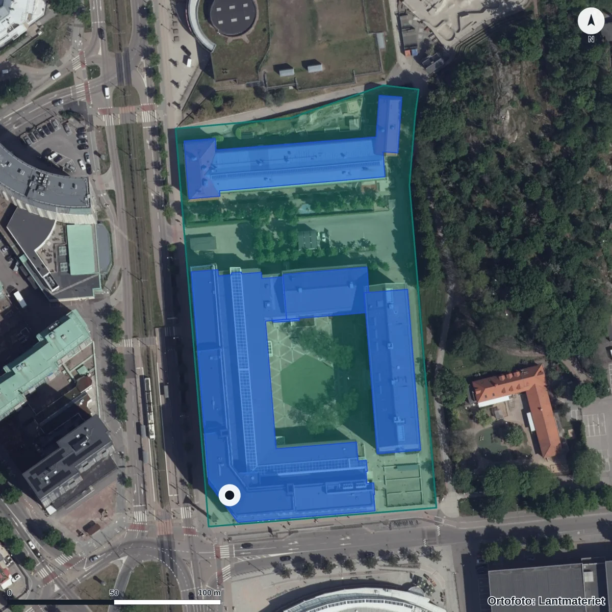 Aerial view of Burgårdens Gymnasium, orthophoto from Lantmäteriet