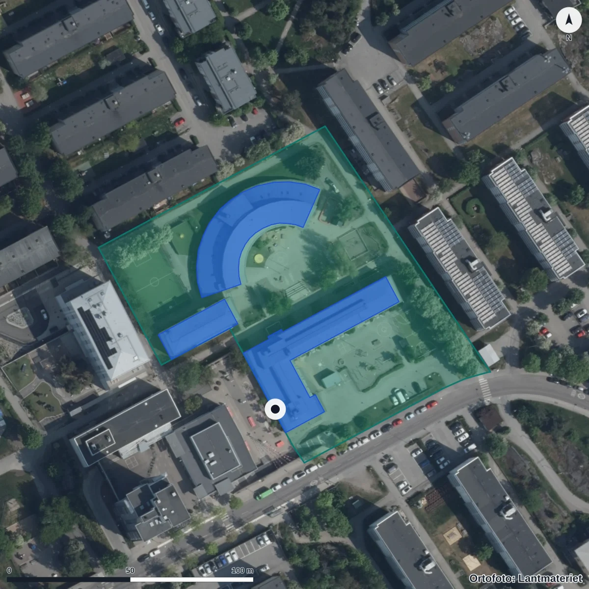 Aerial view of Östbergaskolan, orthophoto from Lantmäteriet