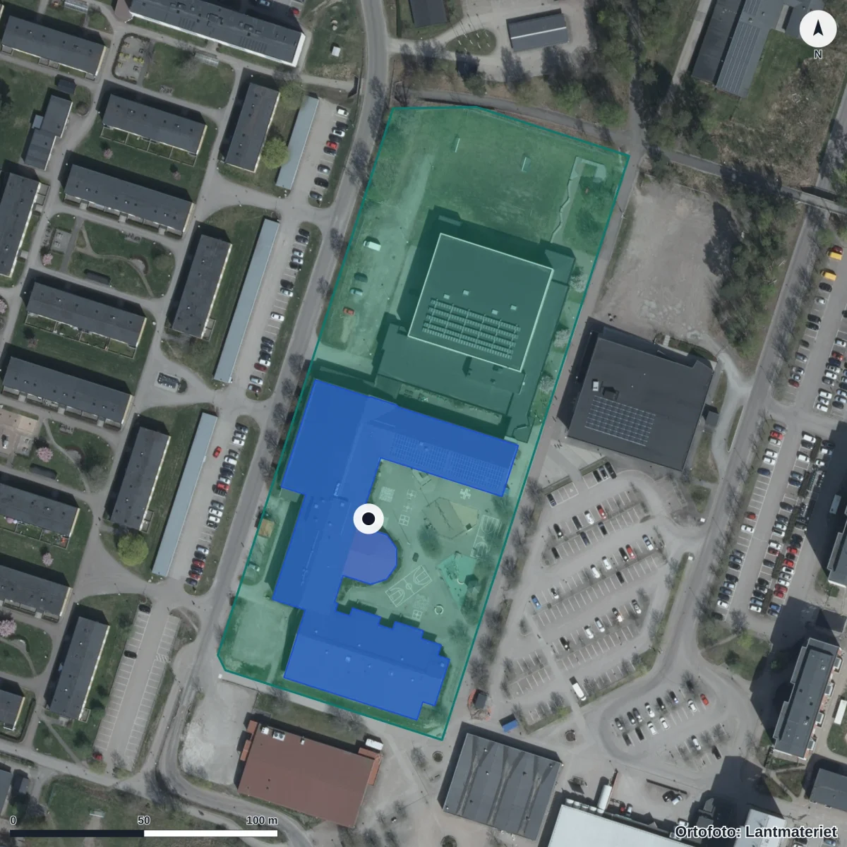 Flygbild över Frödingskolan, ortofoto från Lantmäteriet