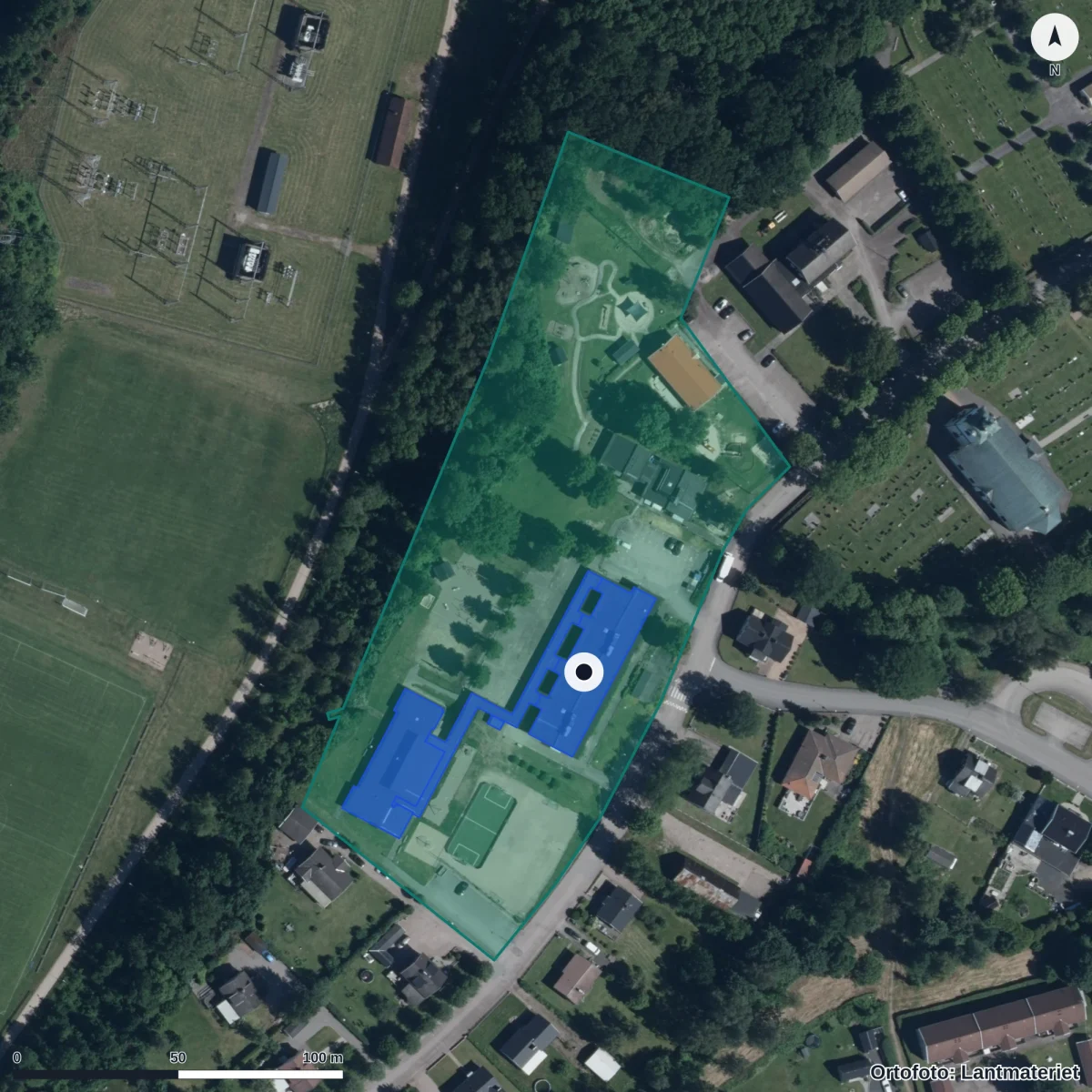 Aerial view of Traryds skola, orthophoto from Lantmäteriet