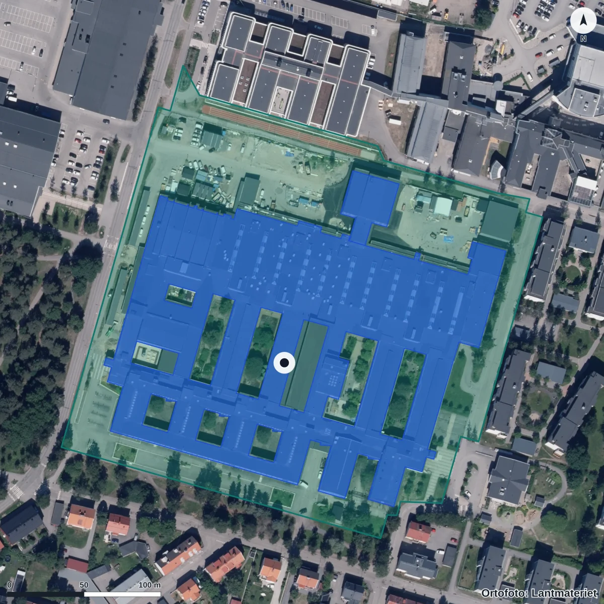 Flygbild över Dragonskolan, ortofoto från Lantmäteriet