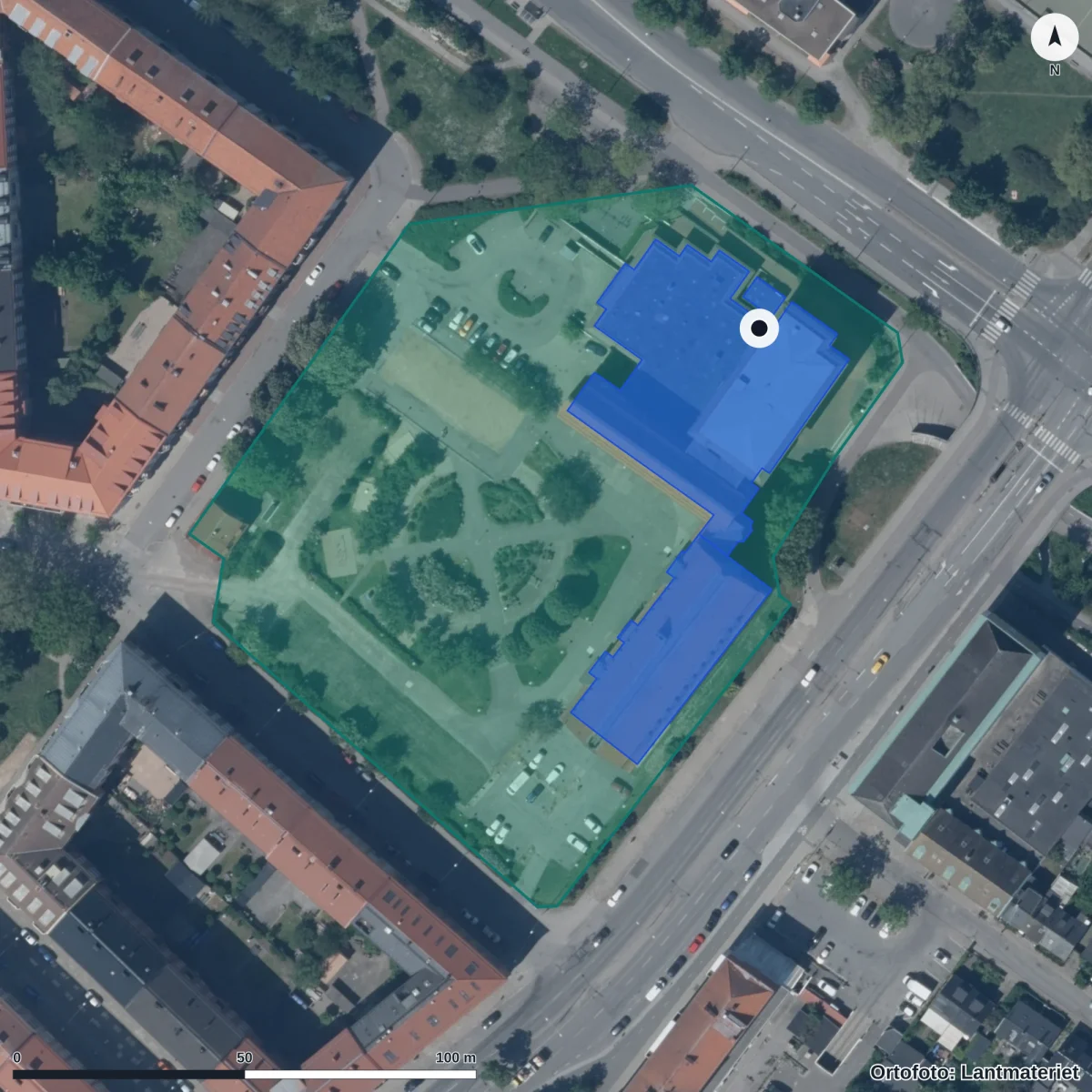 Flygbild över Komvux Malmö, ortofoto från Lantmäteriet