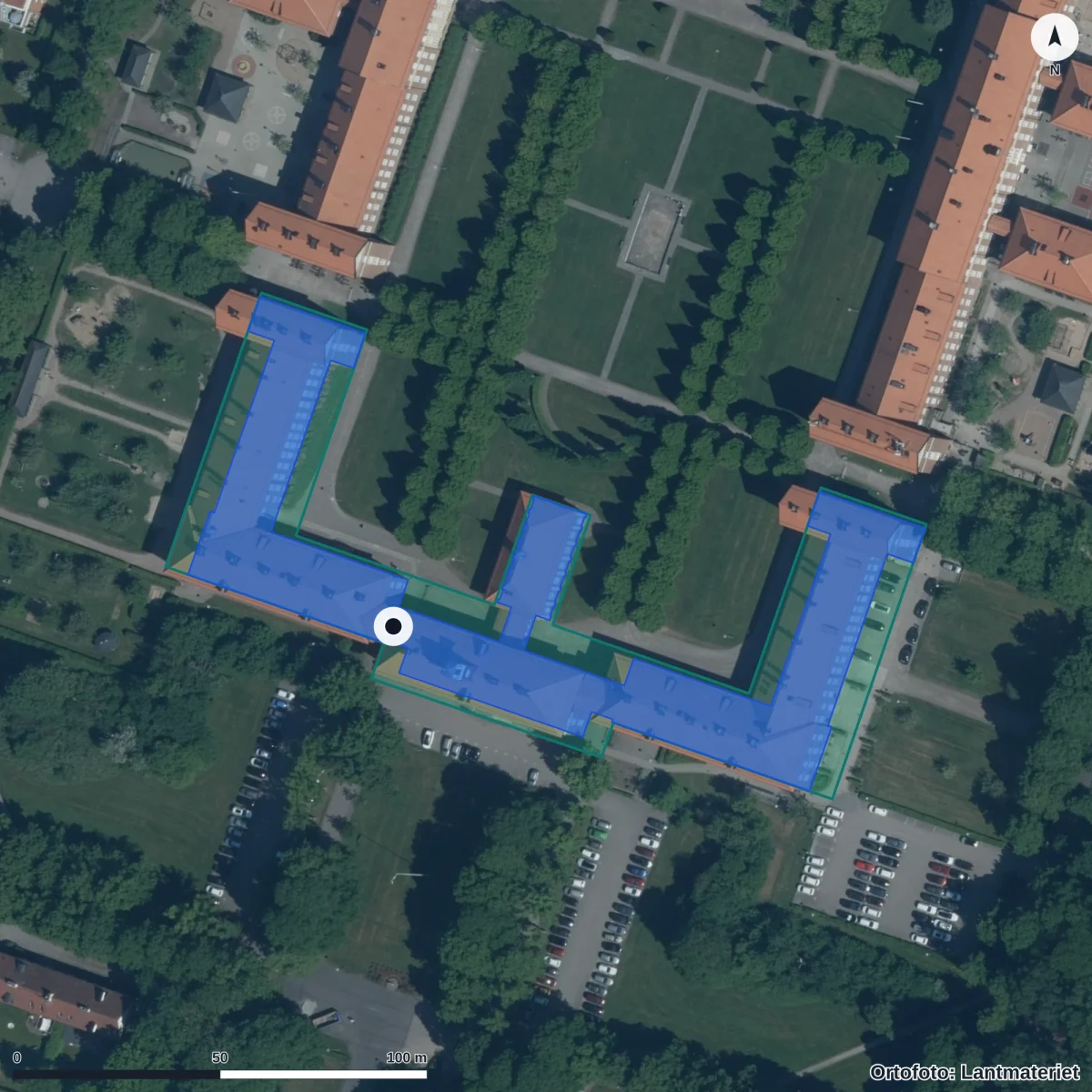 Flygbild över Borgmästarskolan, ortofoto från Lantmäteriet