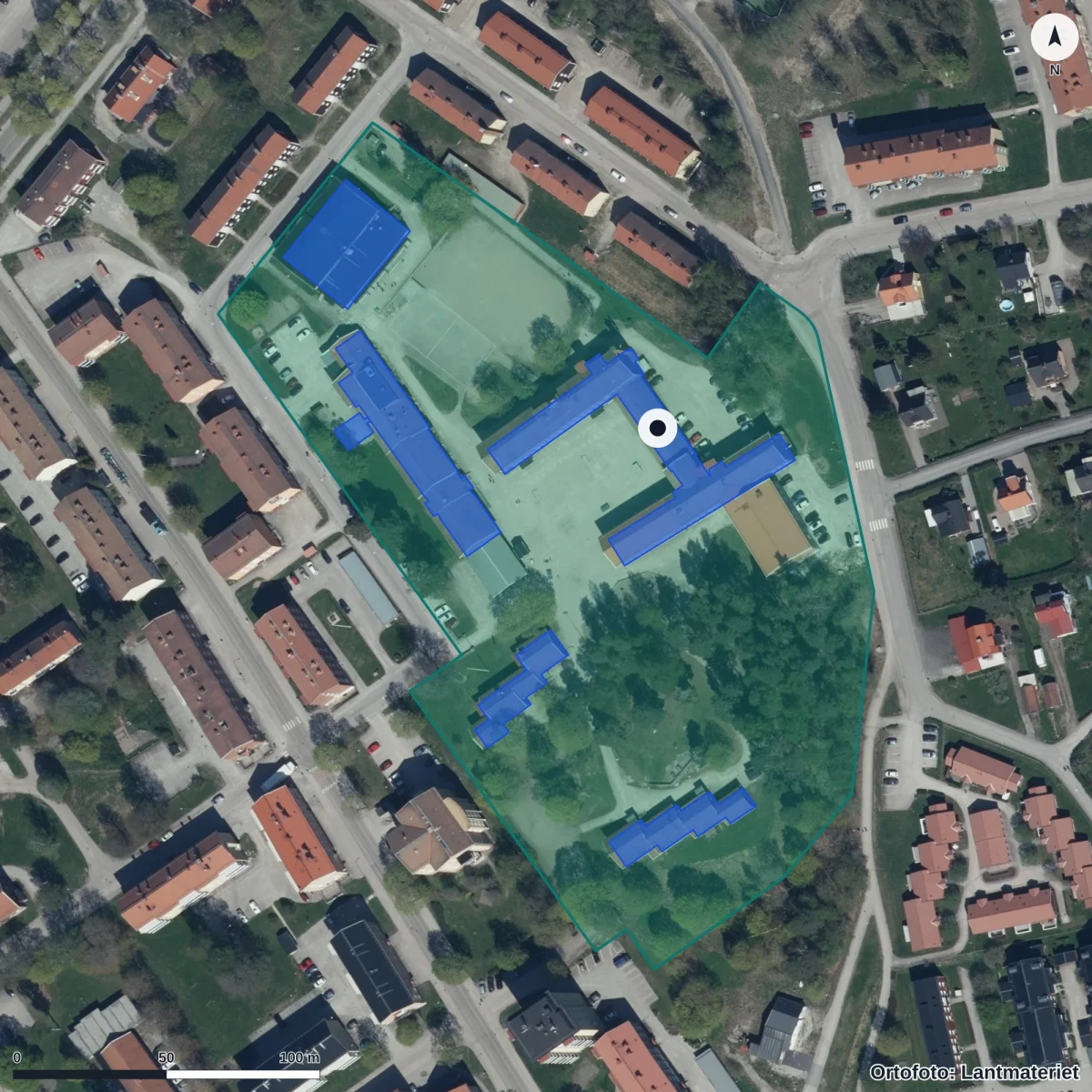 Aerial view of Alfaskolan, orthophoto from Lantmäteriet