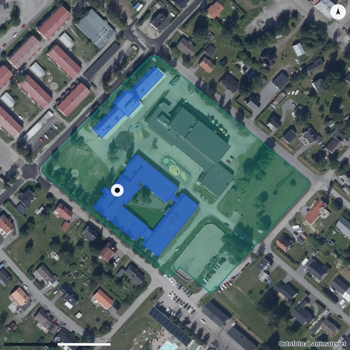 Flygbild över Råneskolan, ortofoto från Lantmäteriet