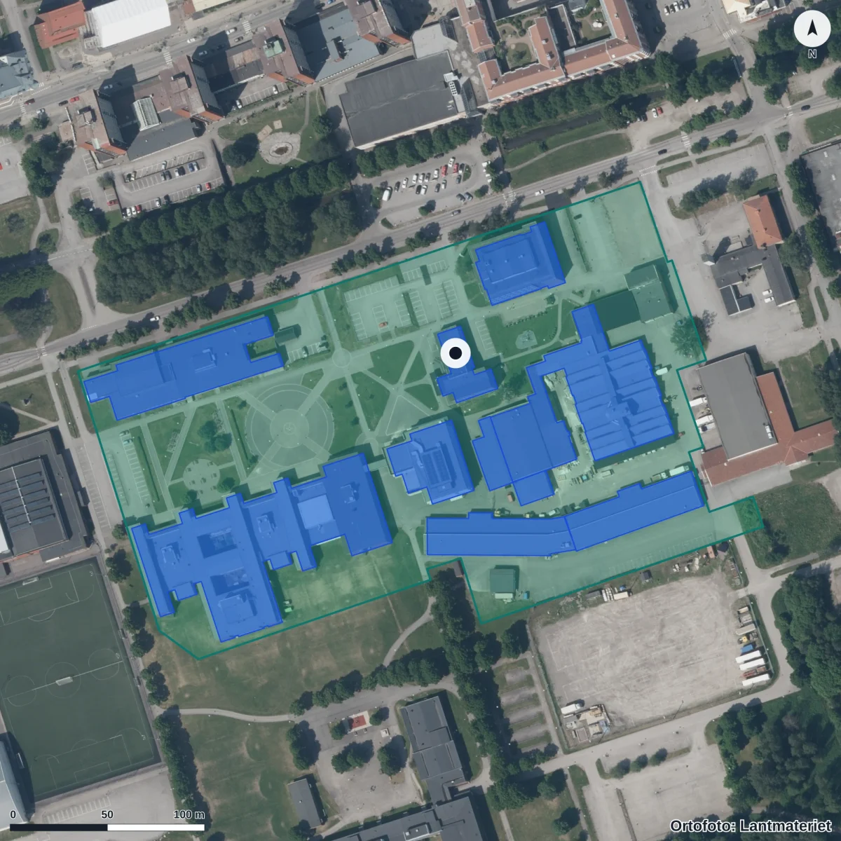 Flygbild över Alléskolan, ortofoto från Lantmäteriet