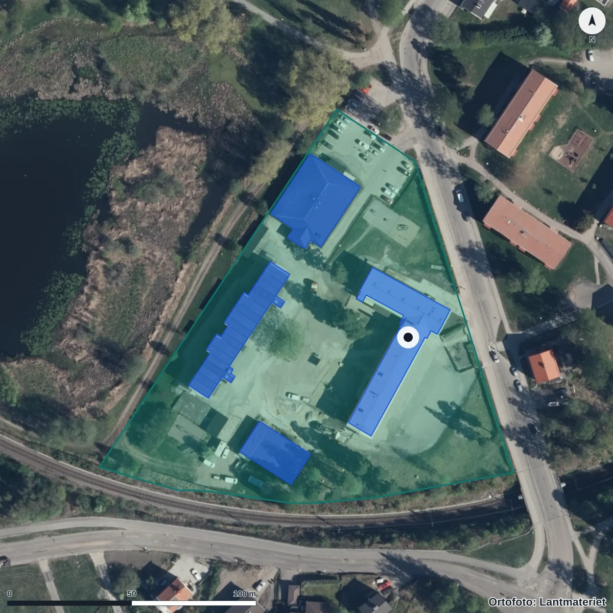 Flygbild över Vasaskolan, ortofoto från Lantmäteriet