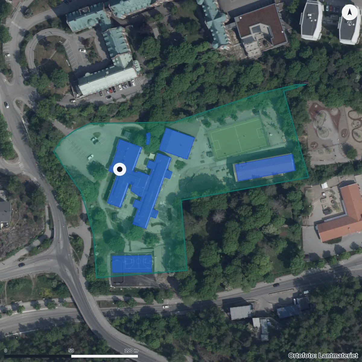 Aerial view of Vilans skola, orthophoto from Lantmäteriet
