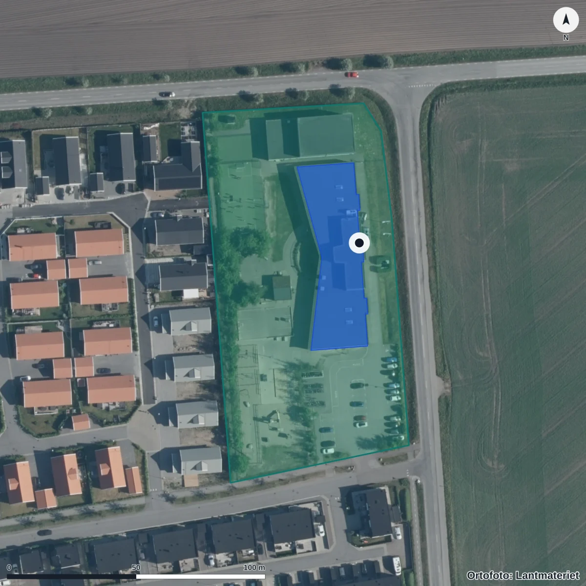 Flygbild över Barsebäcks Montessori, ortofoto från Lantmäteriet