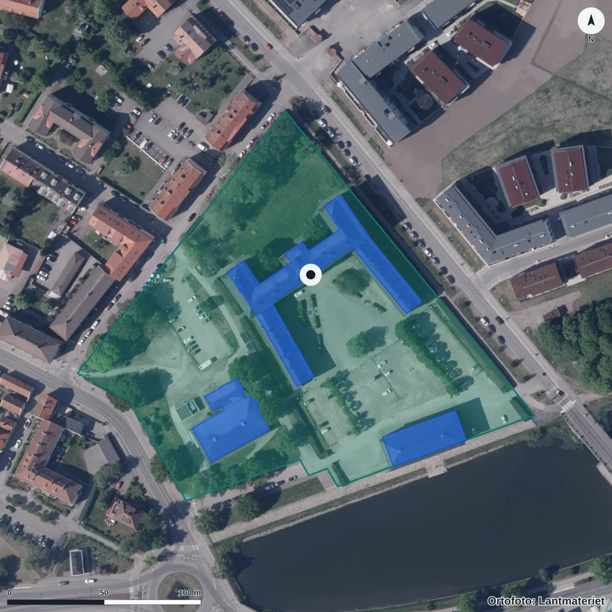 Flygbild över Stagneliusskolan, ortofoto från Lantmäteriet