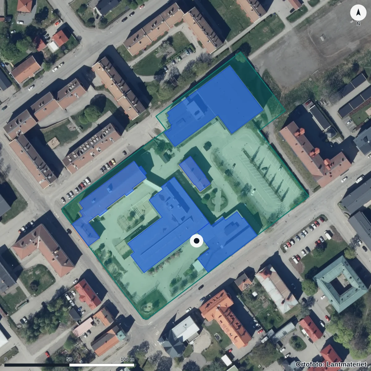 Flygbild över Norrtullskolan, ortofoto från Lantmäteriet