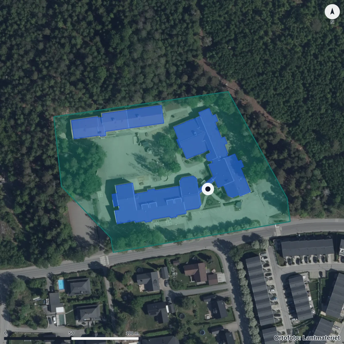 Aerial view of Noblaskolan Täby, orthophoto from Lantmäteriet
