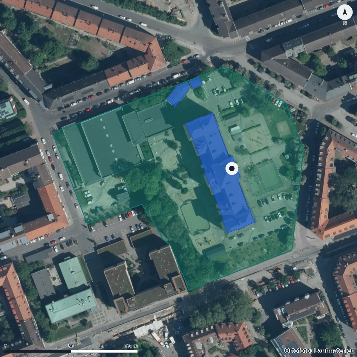 Flygbild över Söderskolan, ortofoto från Lantmäteriet