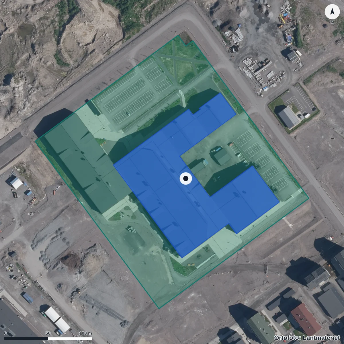 Flygbild över Lapplands Lärcentra Kiruna, ortofoto från Lantmäteriet