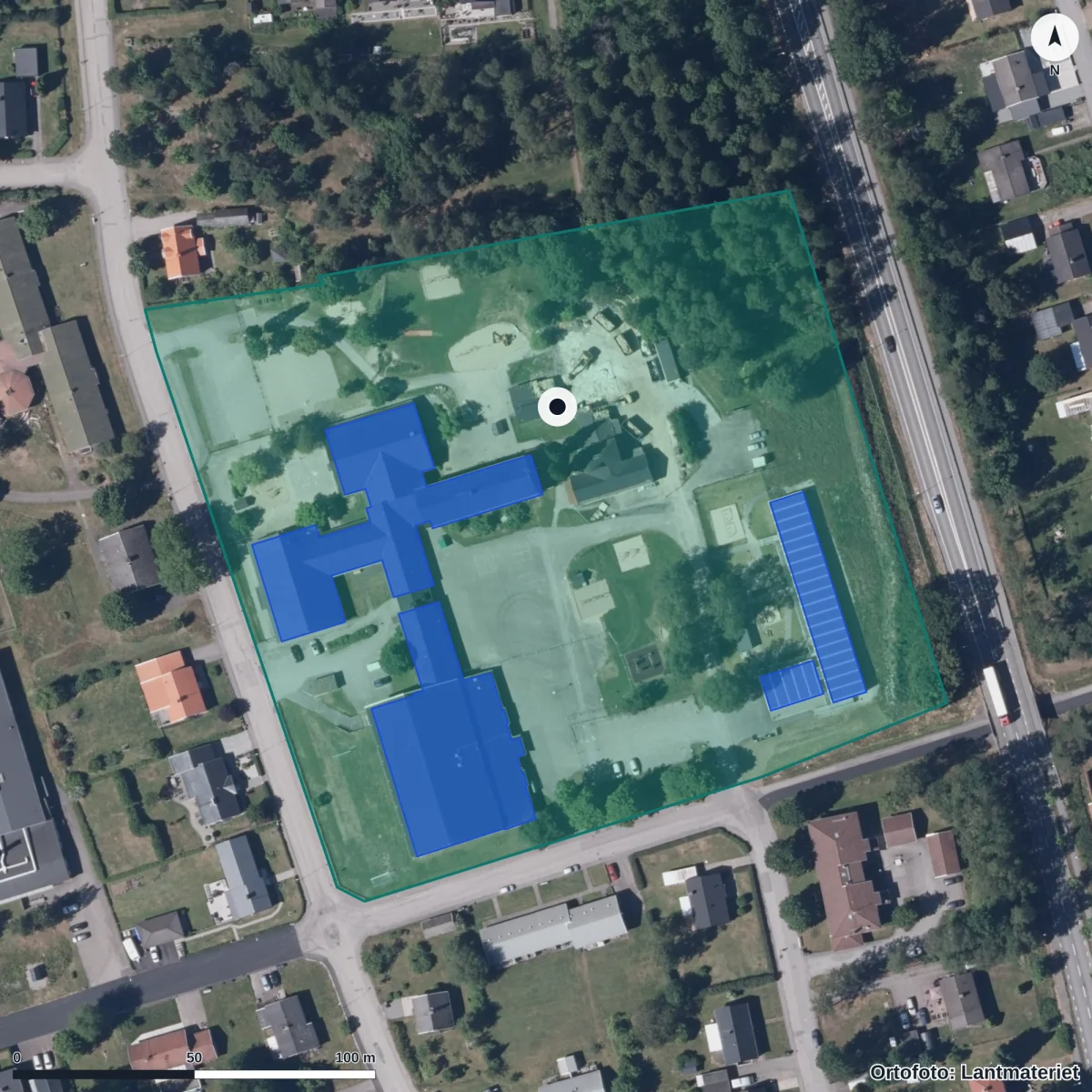 Aerial view of Väckelsångskolan, orthophoto from Lantmäteriet