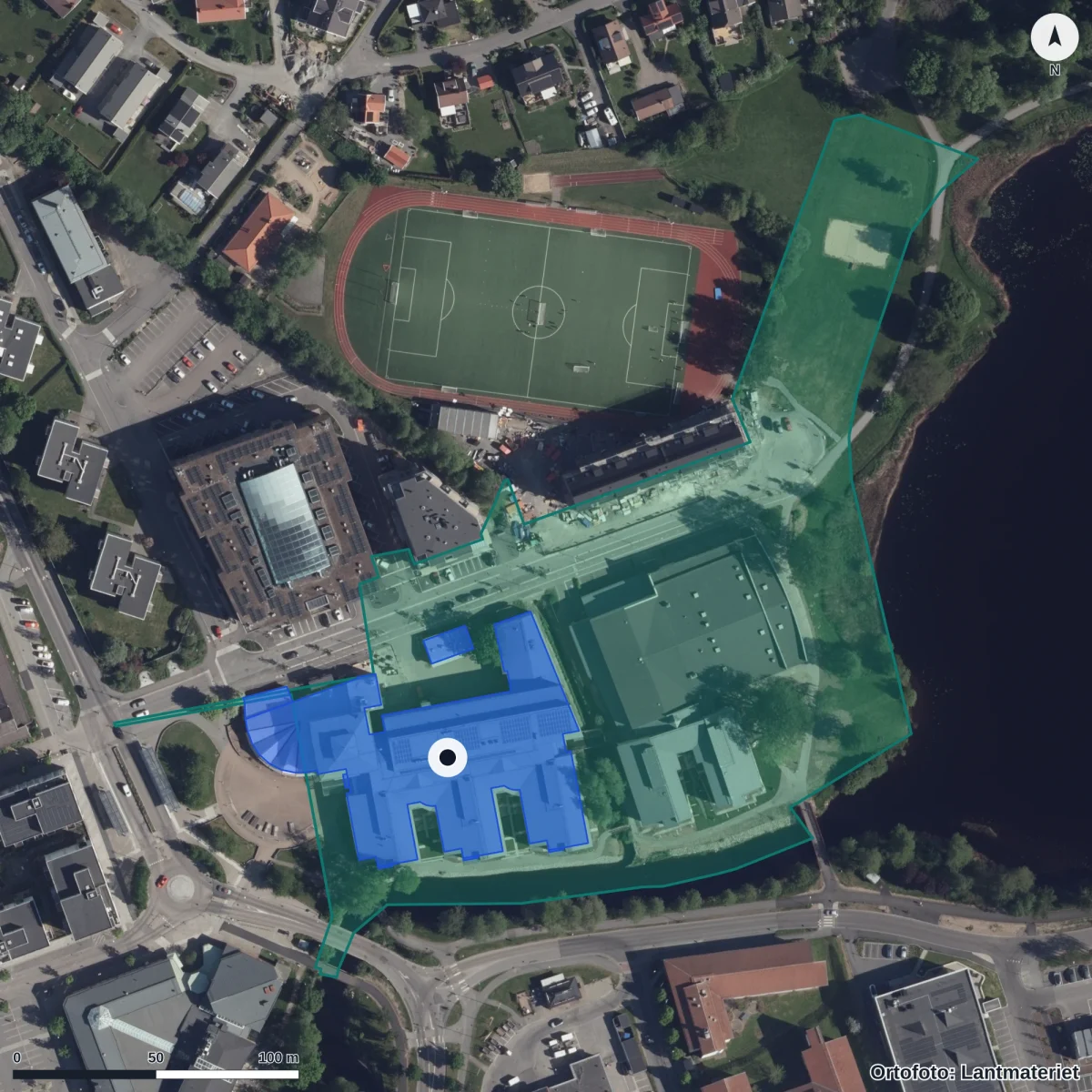 Aerial view of Hulebäcksgymnasiet, orthophoto from Lantmäteriet