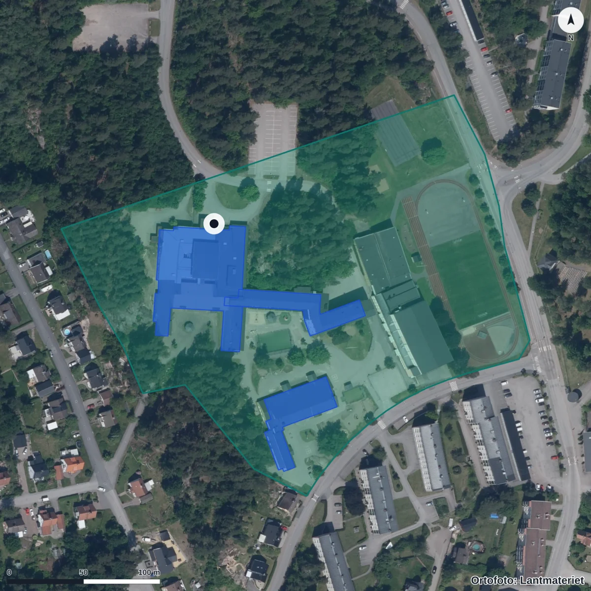 Aerial view of Stenbockskolan, orthophoto from Lantmäteriet