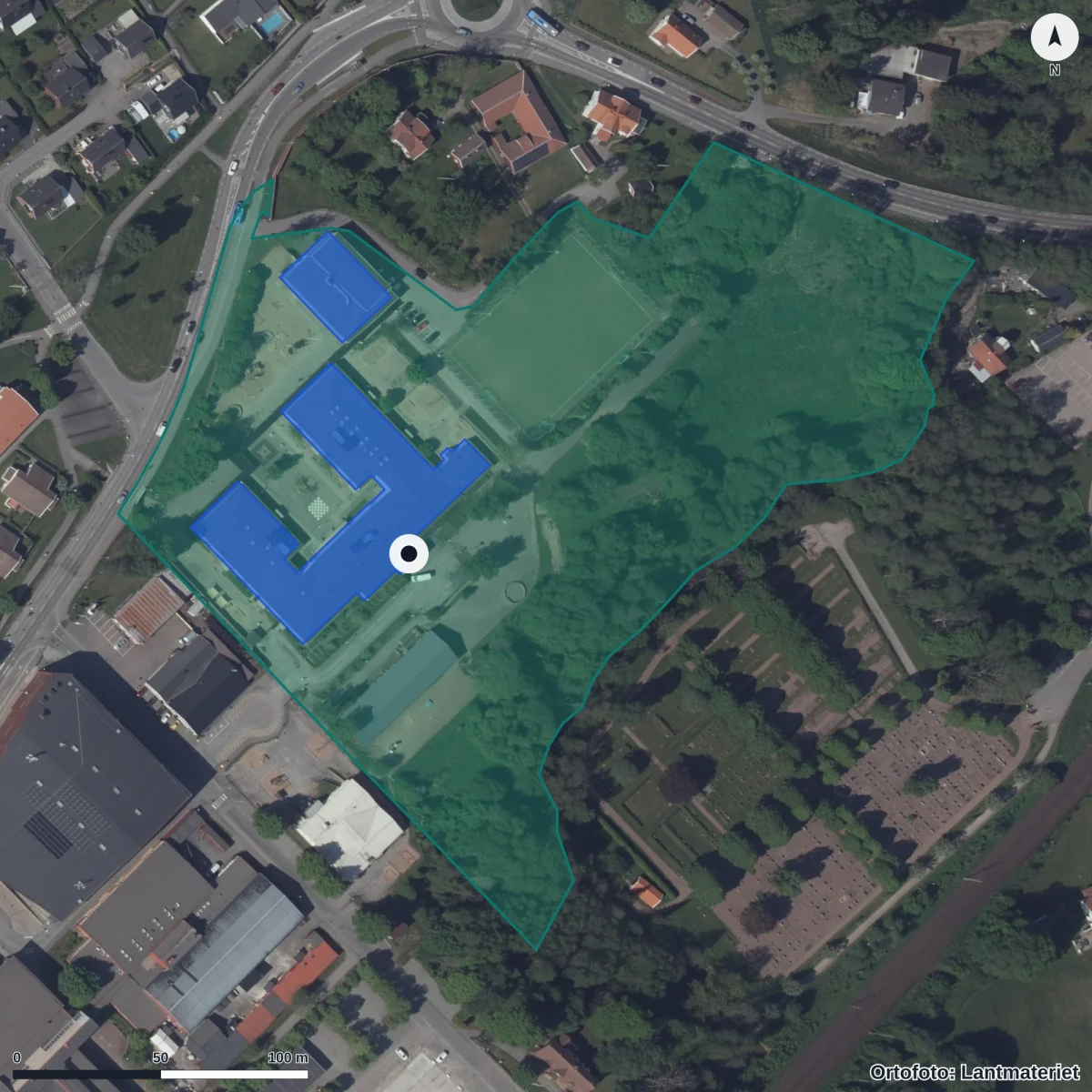 Aerial view of Anpassad grundskola Lerum, orthophoto from Lantmäteriet