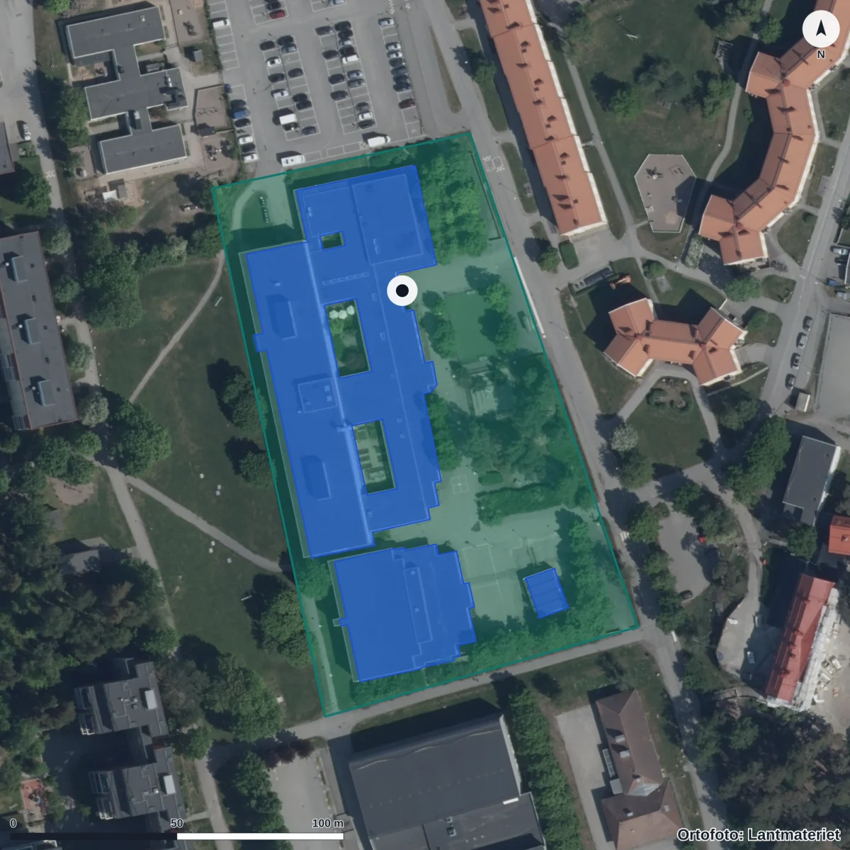 Flygbild över Futuraskolan AB, ortofoto från Lantmäteriet
