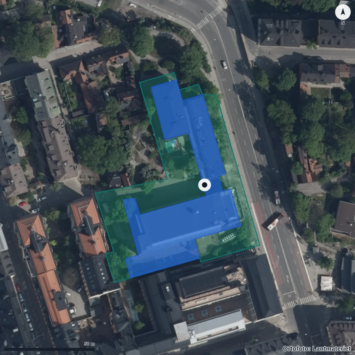 Aerial view of Sjölins Gymnasium Södermalm, orthophoto from Lantmäteriet