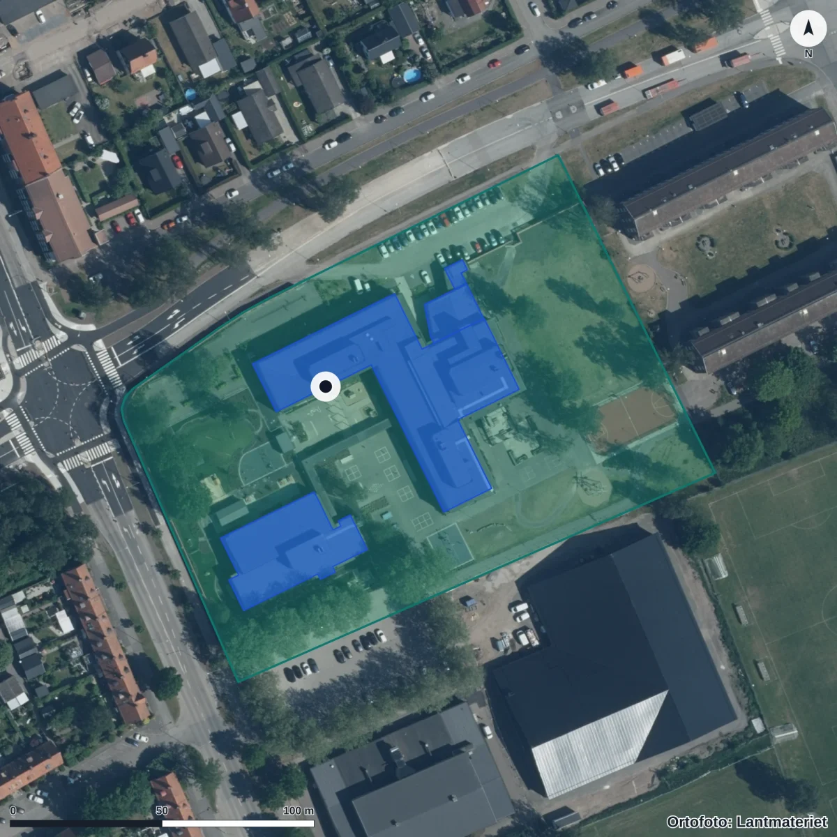 Flygbild över Fridaskolan i Helsingborg, ortofoto från Lantmäteriet