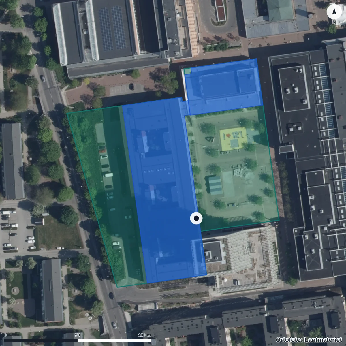 Aerial view of Lindeparkens anpassade gymnasieskola, orthophoto from Lantmäteriet