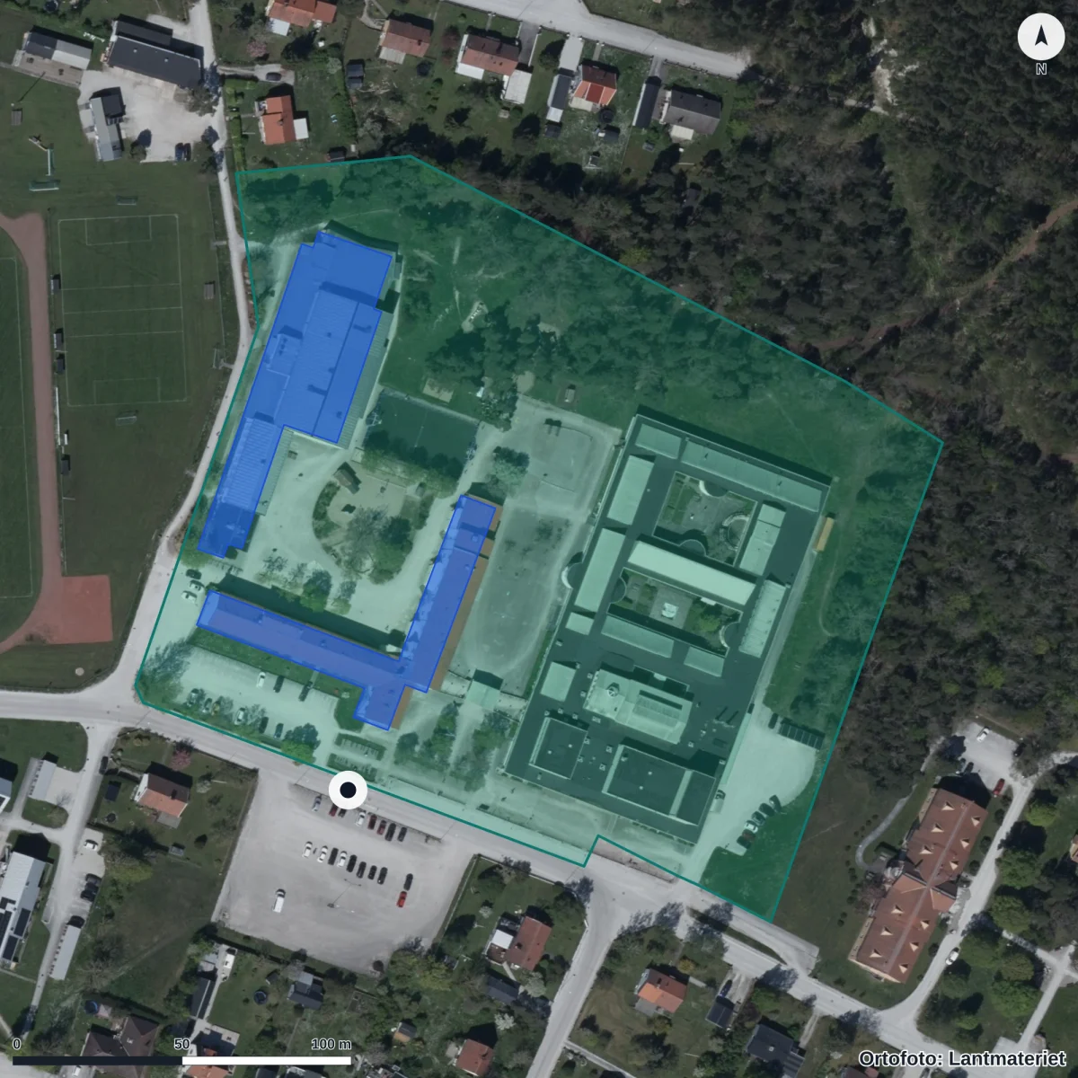 Aerial view of Klinteskolan, orthophoto from Lantmäteriet