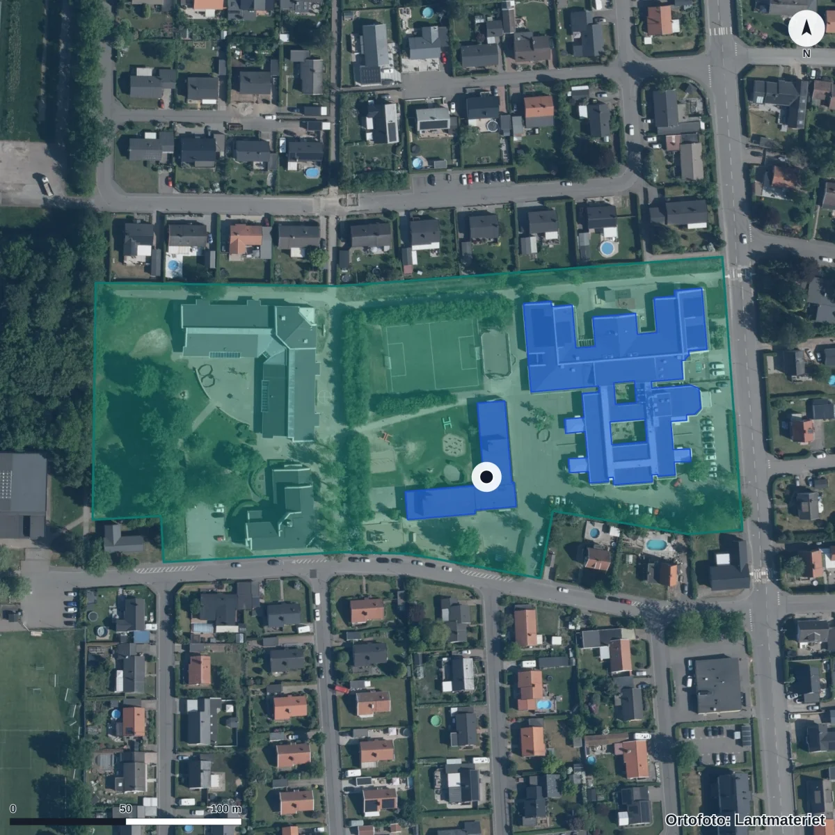 Flygbild över Påarps skola, ortofoto från Lantmäteriet