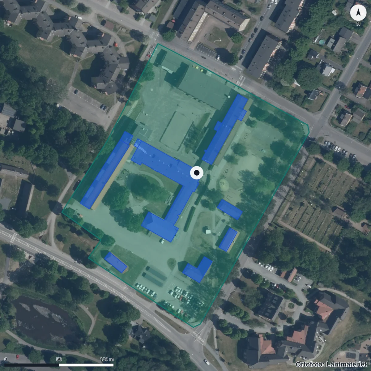 Flygbild över Centralskolan, ortofoto från Lantmäteriet