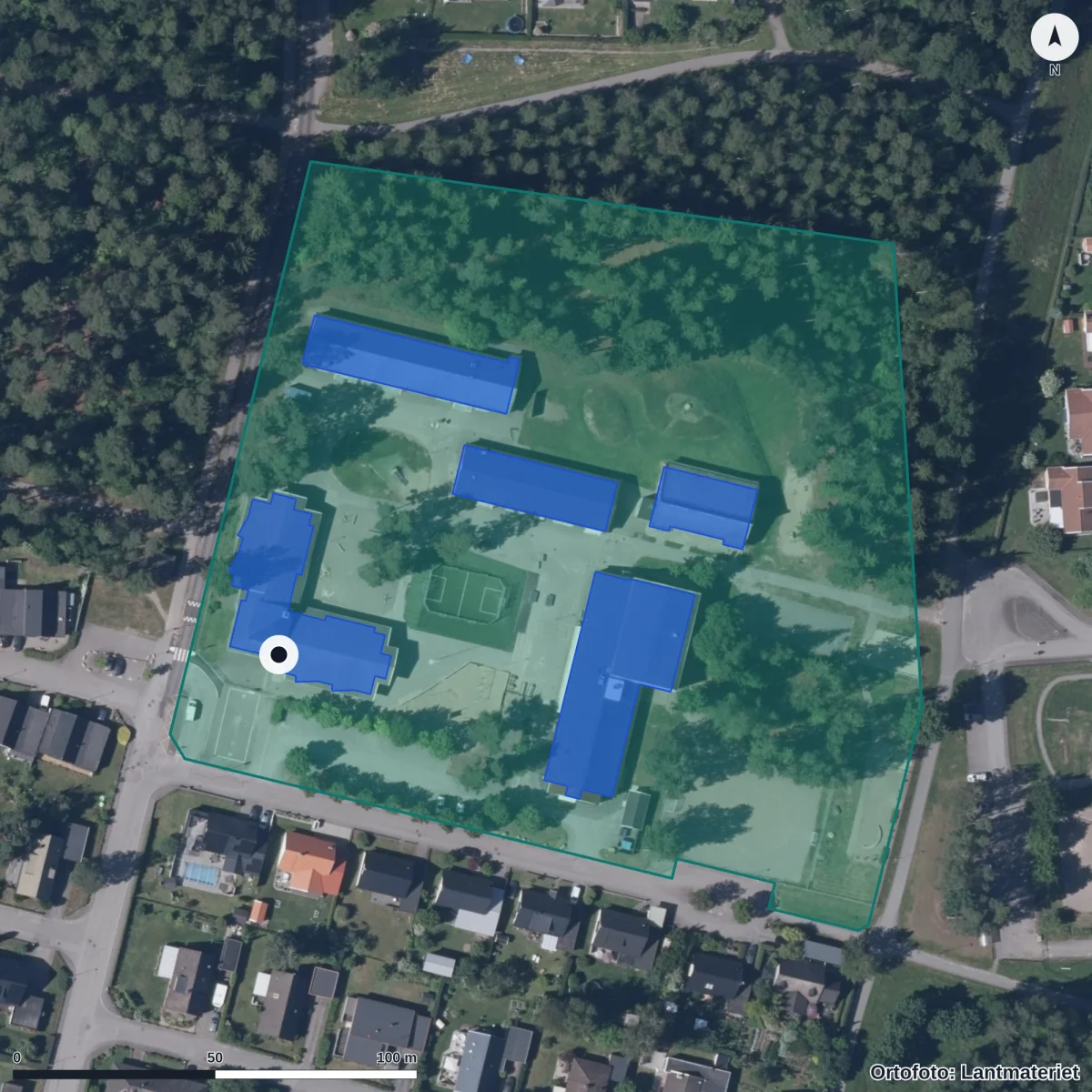 Aerial view of Hovshagaskolan, orthophoto from Lantmäteriet