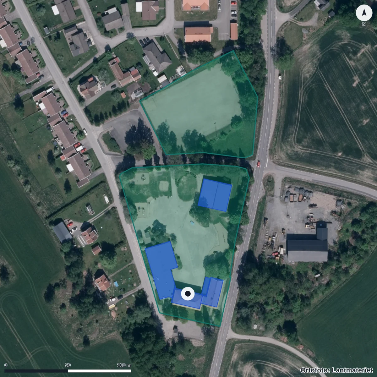 Aerial view of Åsaka skola, orthophoto from Lantmäteriet