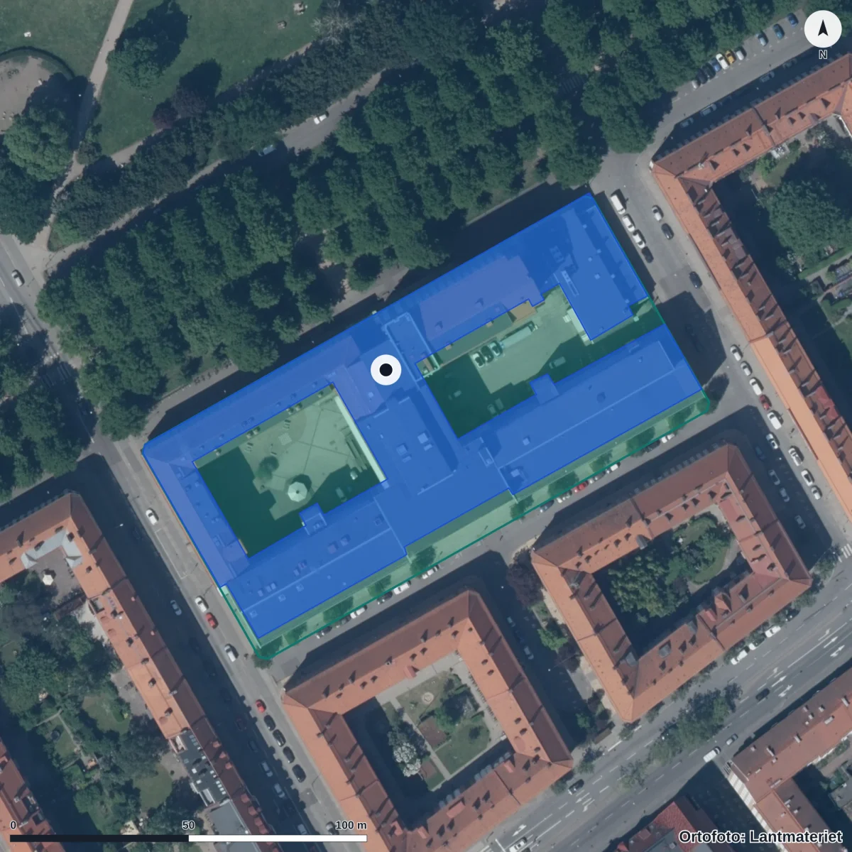 Flygbild över Komvux Malmö, ortofoto från Lantmäteriet