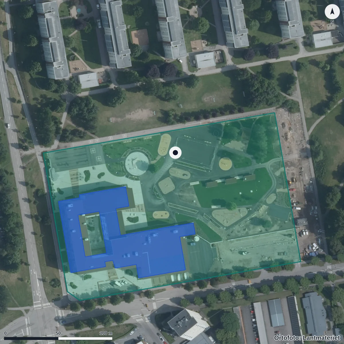 Aerial view of Östergårdsskolan, orthophoto from Lantmäteriet