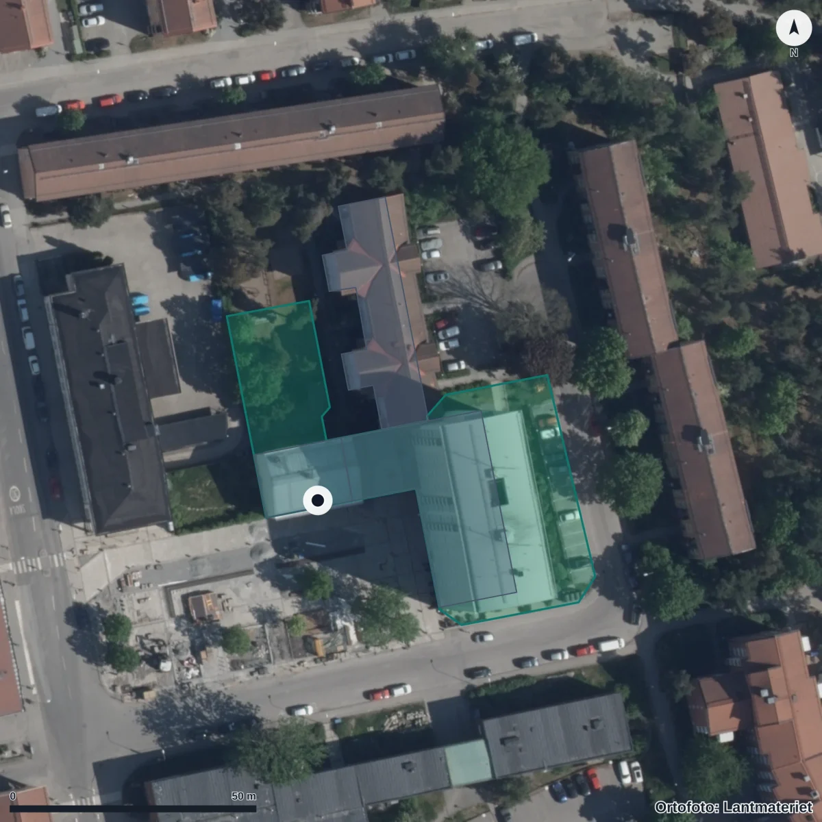 Flygbild över Kunskapsskolans Resursskola, ortofoto från Lantmäteriet