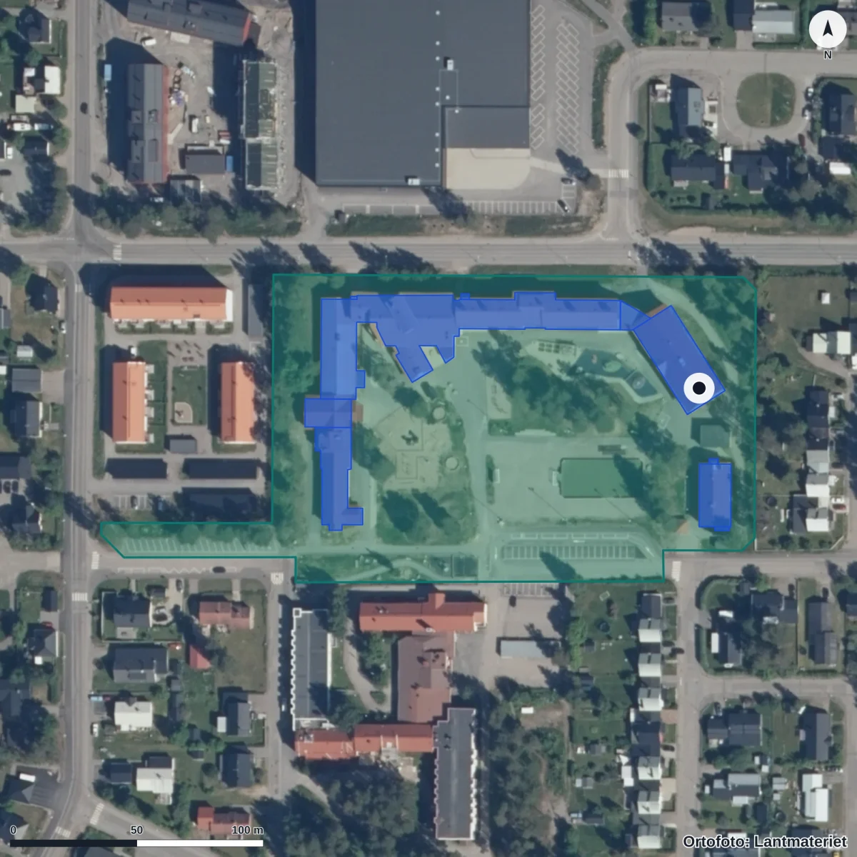 Aerial view of Hedskolan, orthophoto from Lantmäteriet