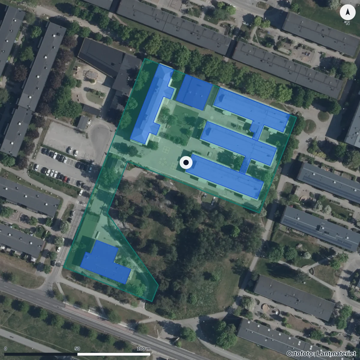 Aerial view of Knutbyskolan, orthophoto from Lantmäteriet
