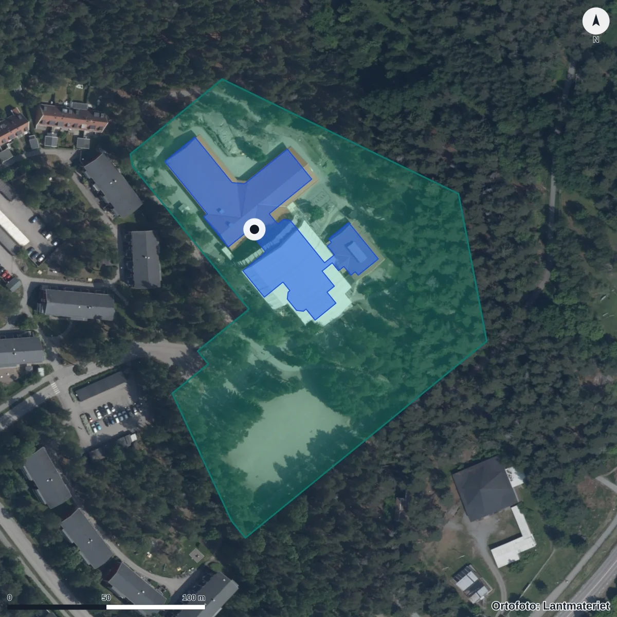 Flygbild över Ängby, ortofoto från Lantmäteriet