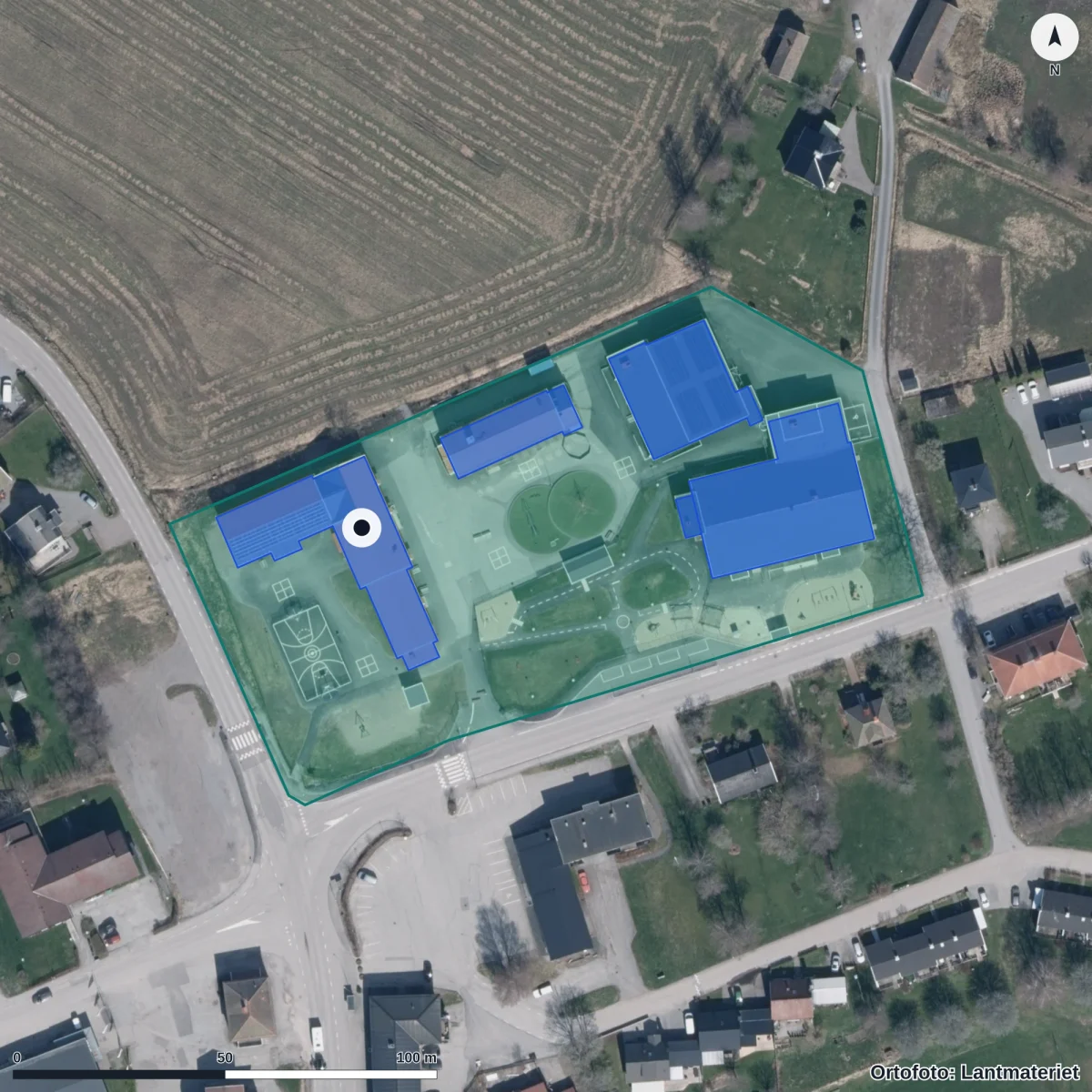 Aerial view of Hedekas skola, orthophoto from Lantmäteriet