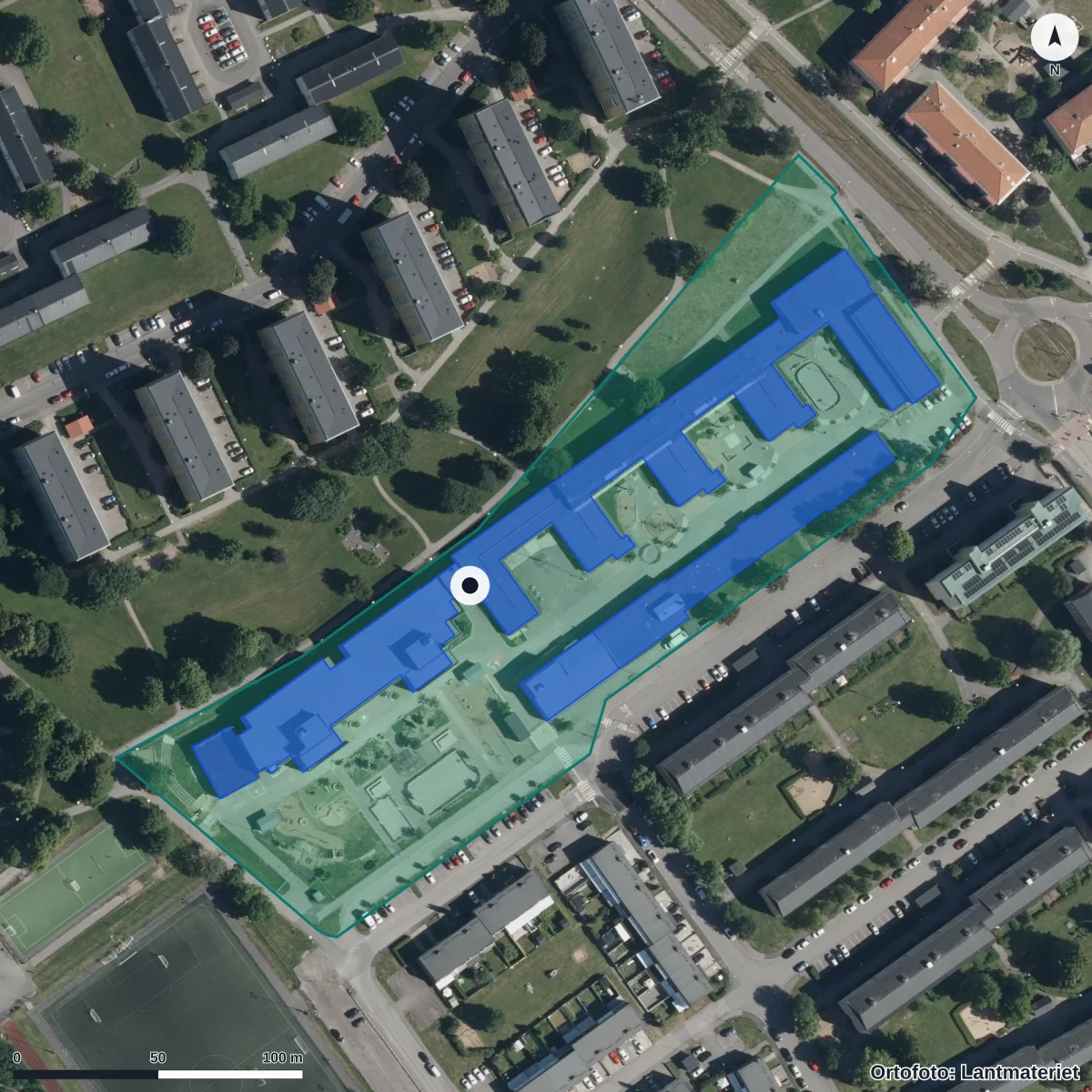 Flygbild över Klingsborgsskolan, ortofoto från Lantmäteriet